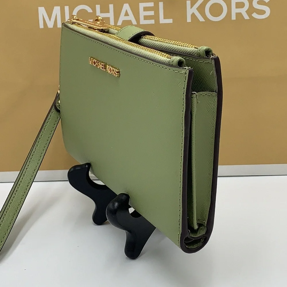 MICHAEL KORS LARGE DOUBLE ZIP WRISTLET WALLET LIGHT SAGE